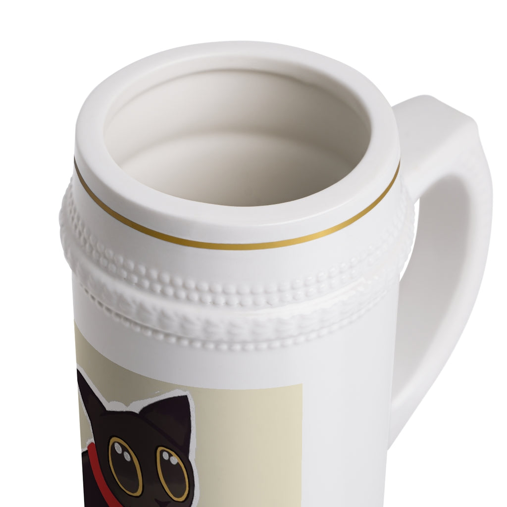 Black Kitty Stein Mug made of durable white ceramic with ribbed outlines, perfect for custom designs.