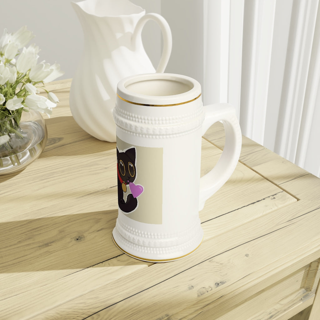 Black Kitty Stein Mug made of durable white ceramic with ribbed outlines, perfect for custom designs.