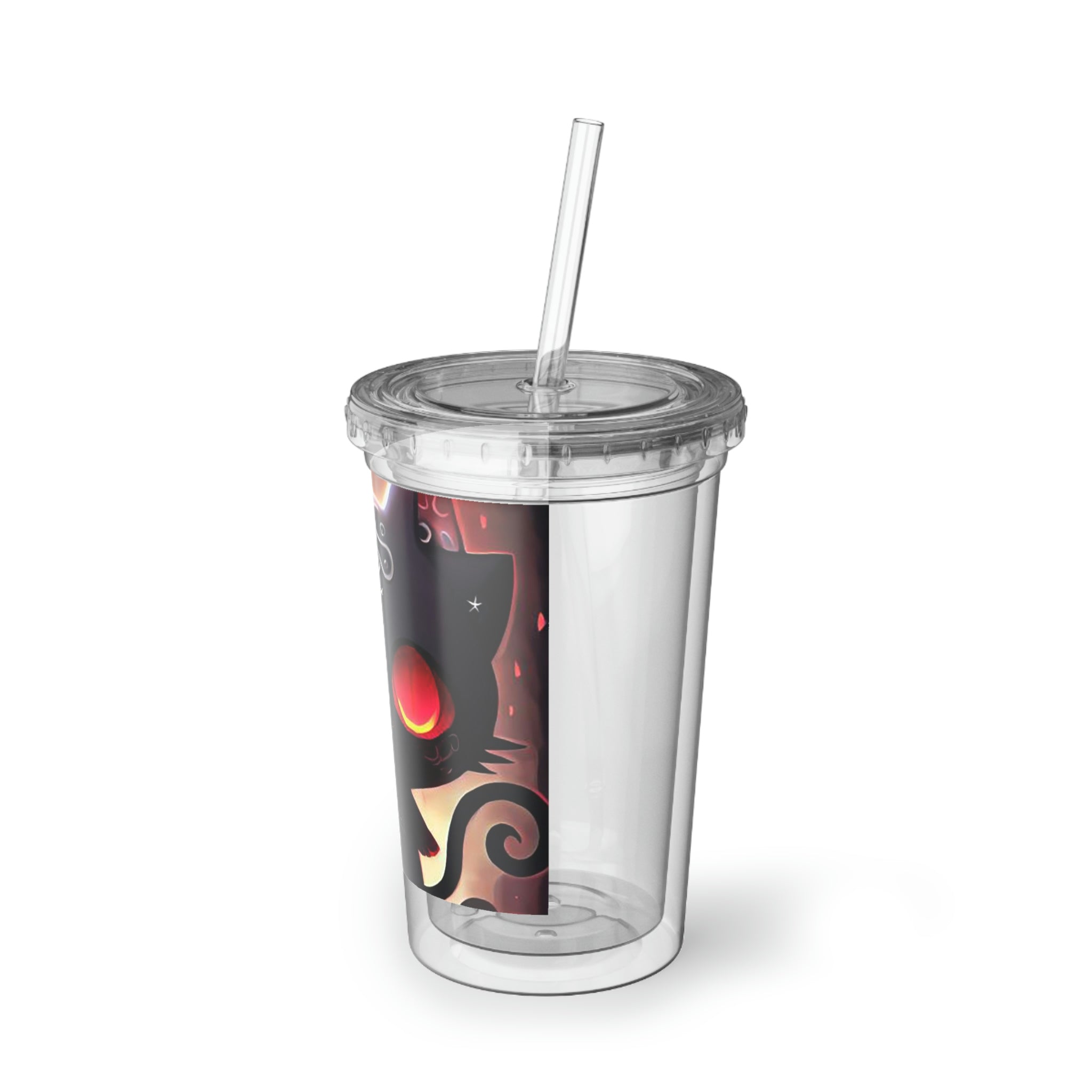 Black Kitty Suave Acrylic Cup with a sleek stainless steel body and black plastic cap, featuring a straw and customizable design.