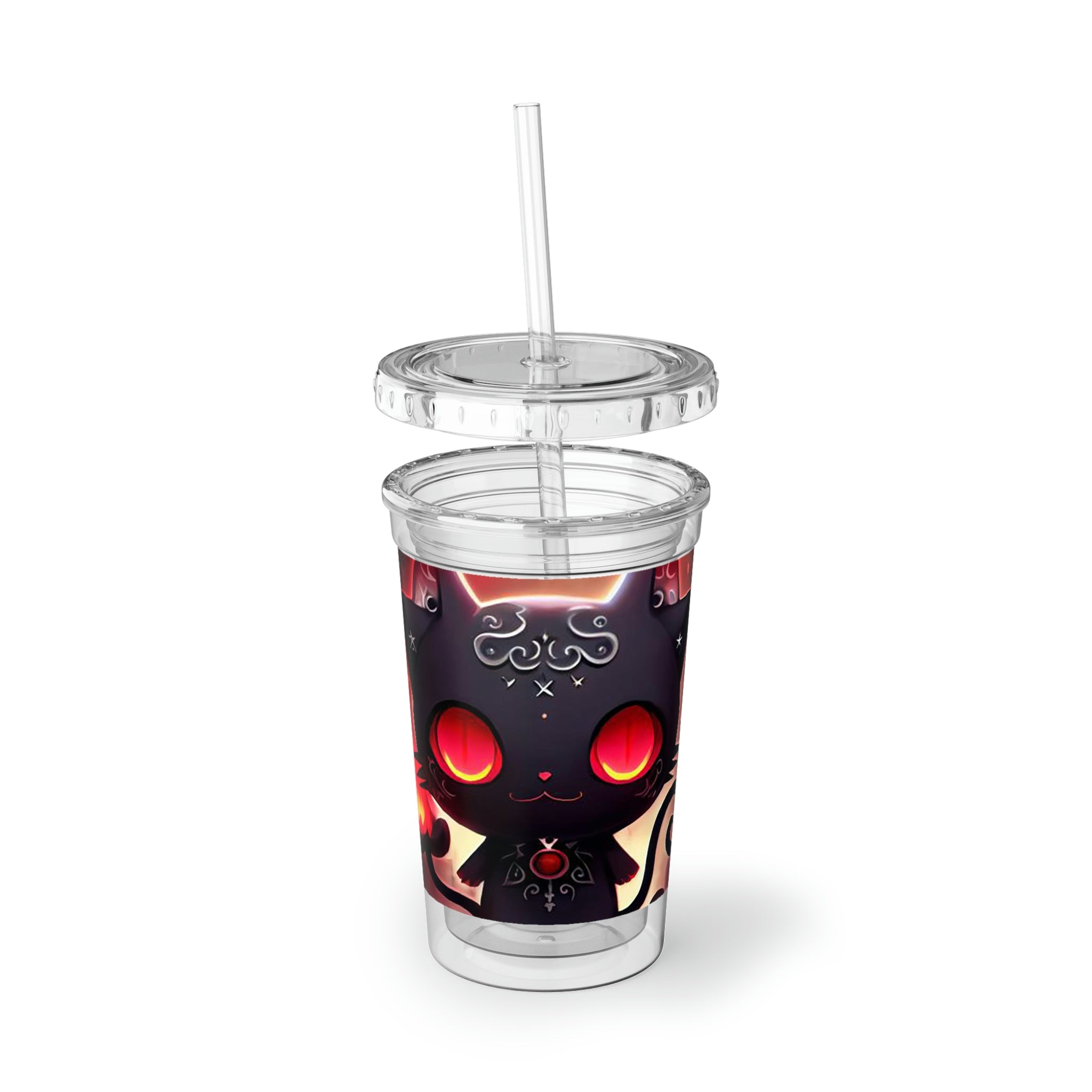 Black Kitty Suave Acrylic Cup with a sleek stainless steel body and black plastic cap, featuring a straw and customizable design.