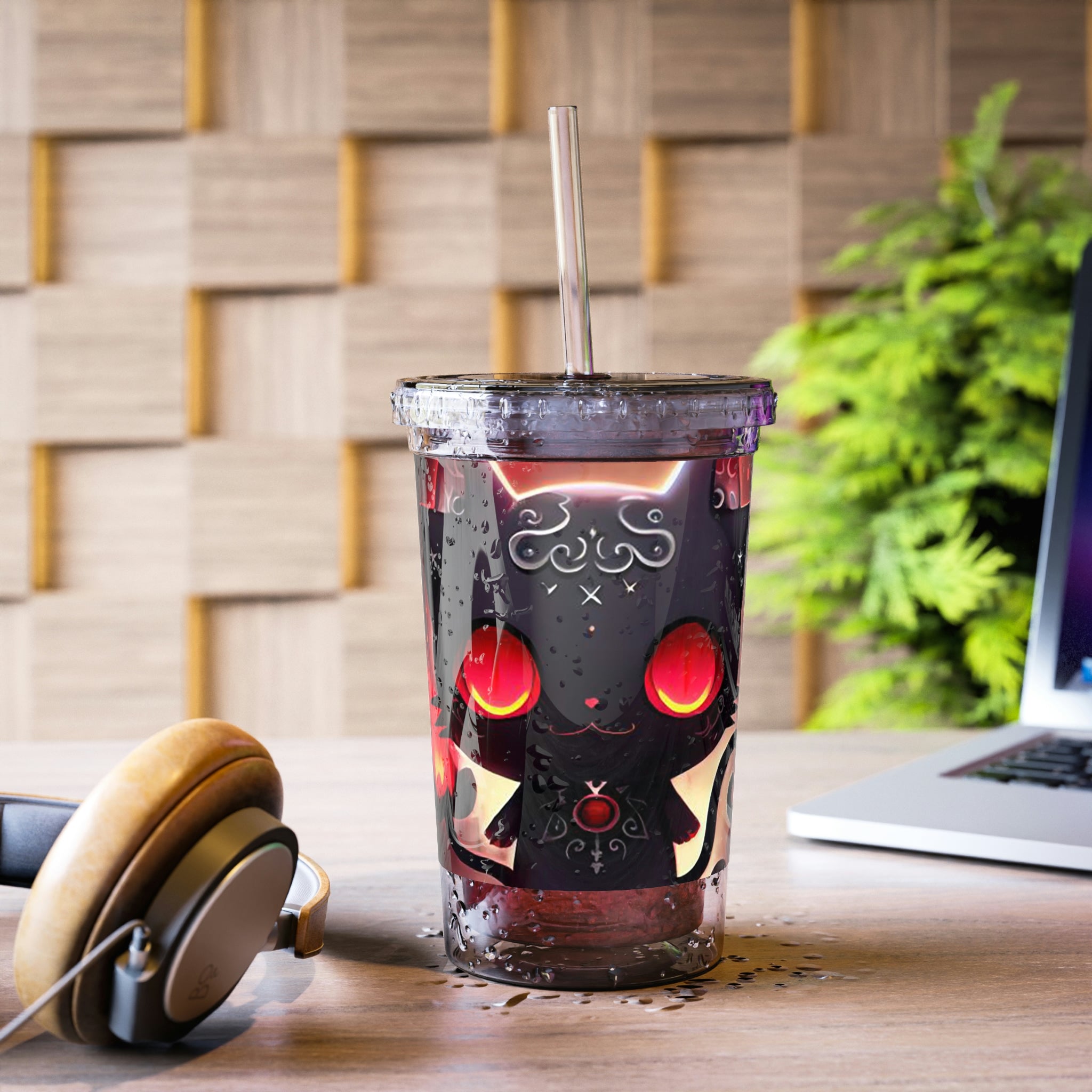 Black Kitty Suave Acrylic Cup with a sleek stainless steel body and black plastic cap, featuring a straw and customizable design.