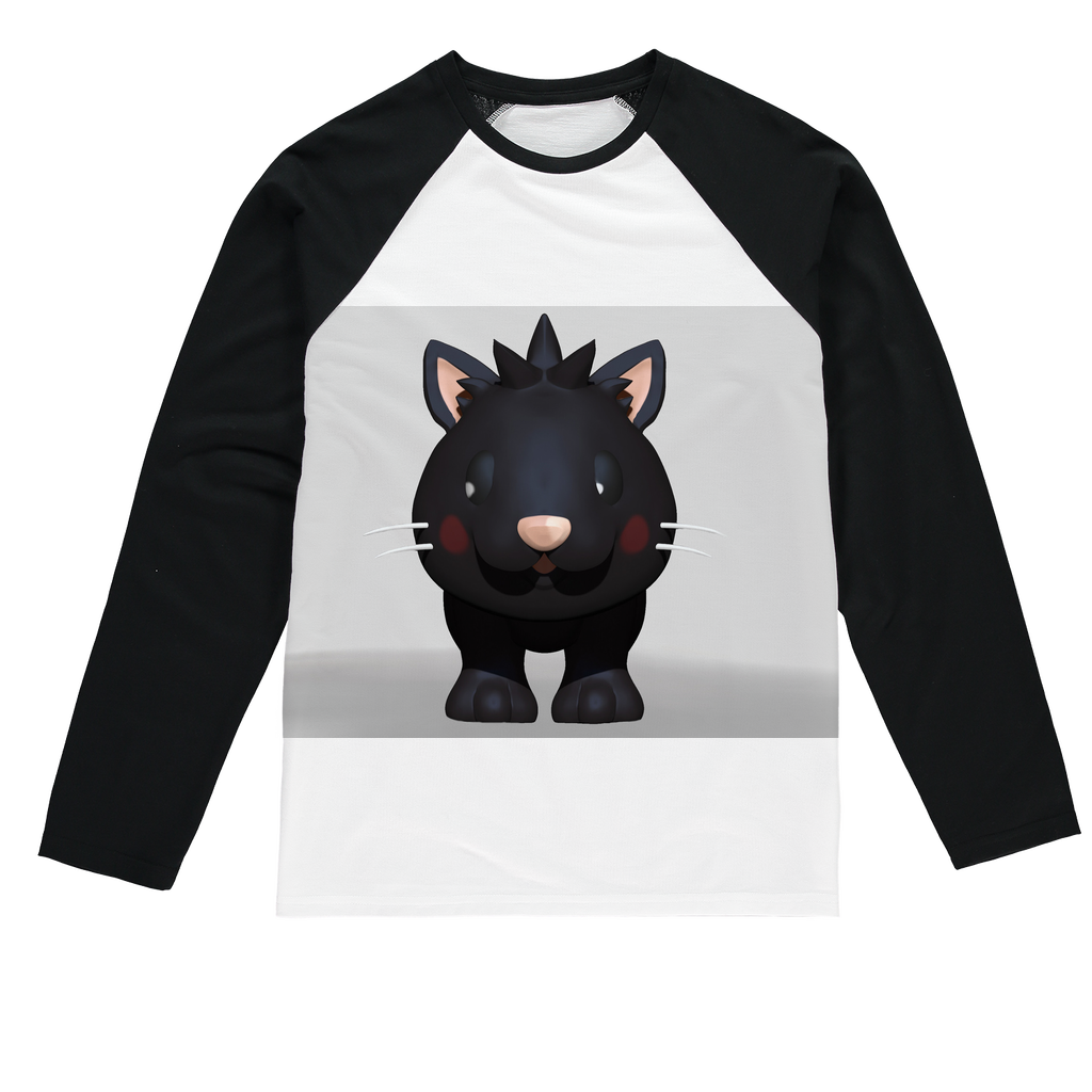 Black Kitty Sublimation Baseball Long Sleeve T-Shirt featuring a stylish design with long sleeves and a crew neck, ideal for custom printing.