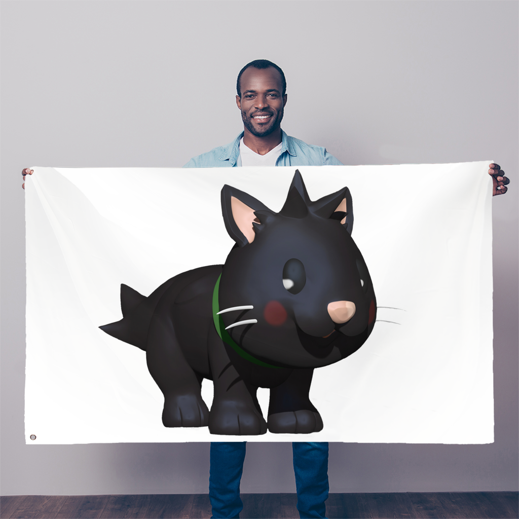 A vibrant Black Kitty Sublimation Flag featuring a playful black cat design on durable polyester fabric, ideal for indoor or outdoor display.