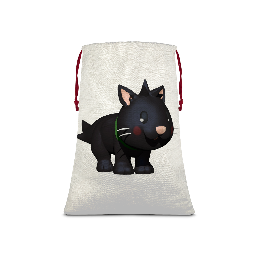 Black Kitty Sublimation Linen Drawstring Sack with red drawstring, featuring a charming kitty design, perfect for Christmas gifts and laundry.