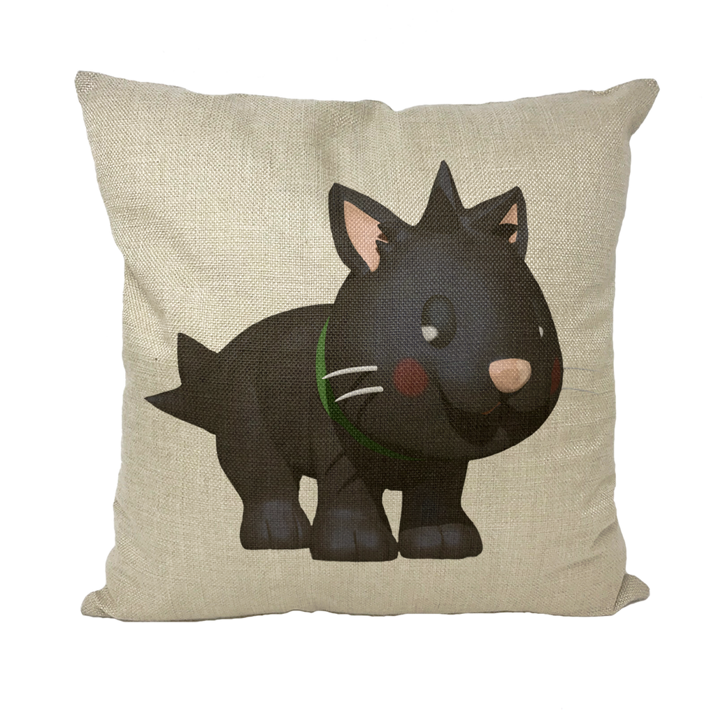 Black Kitty Throw Pillows featuring a stylish design on soft fabric, perfect for home decor.