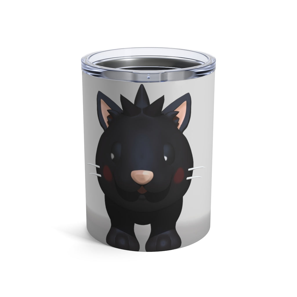 Black Kitty Tumbler 10oz made of stainless steel with a see-thru plastic lid, featuring a cute kitty design.