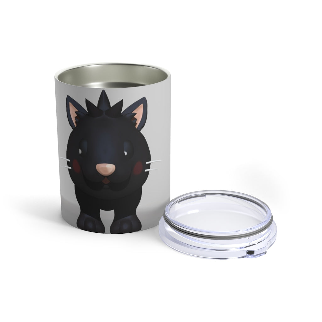 Black Kitty Tumbler 10oz made of stainless steel with a see-thru plastic lid, featuring a cute kitty design.