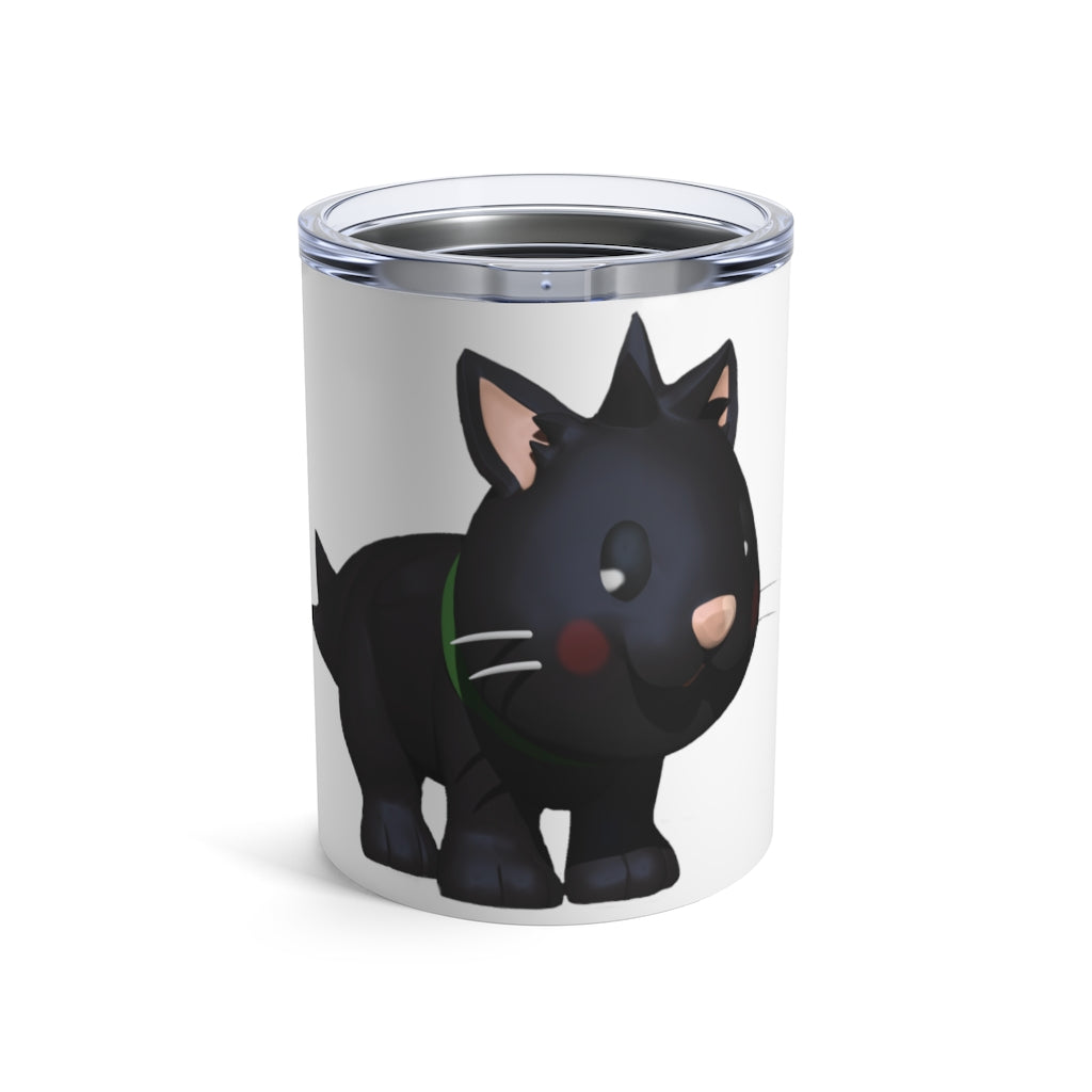 Black Kitty Tumbler 10oz made of stainless steel with a rounded design and a see-thru plastic lid, featuring a playful kitty design.