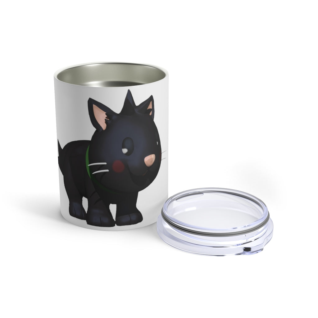 Black Kitty Tumbler 10oz made of stainless steel with a rounded design and a see-thru plastic lid, featuring a playful kitty design.