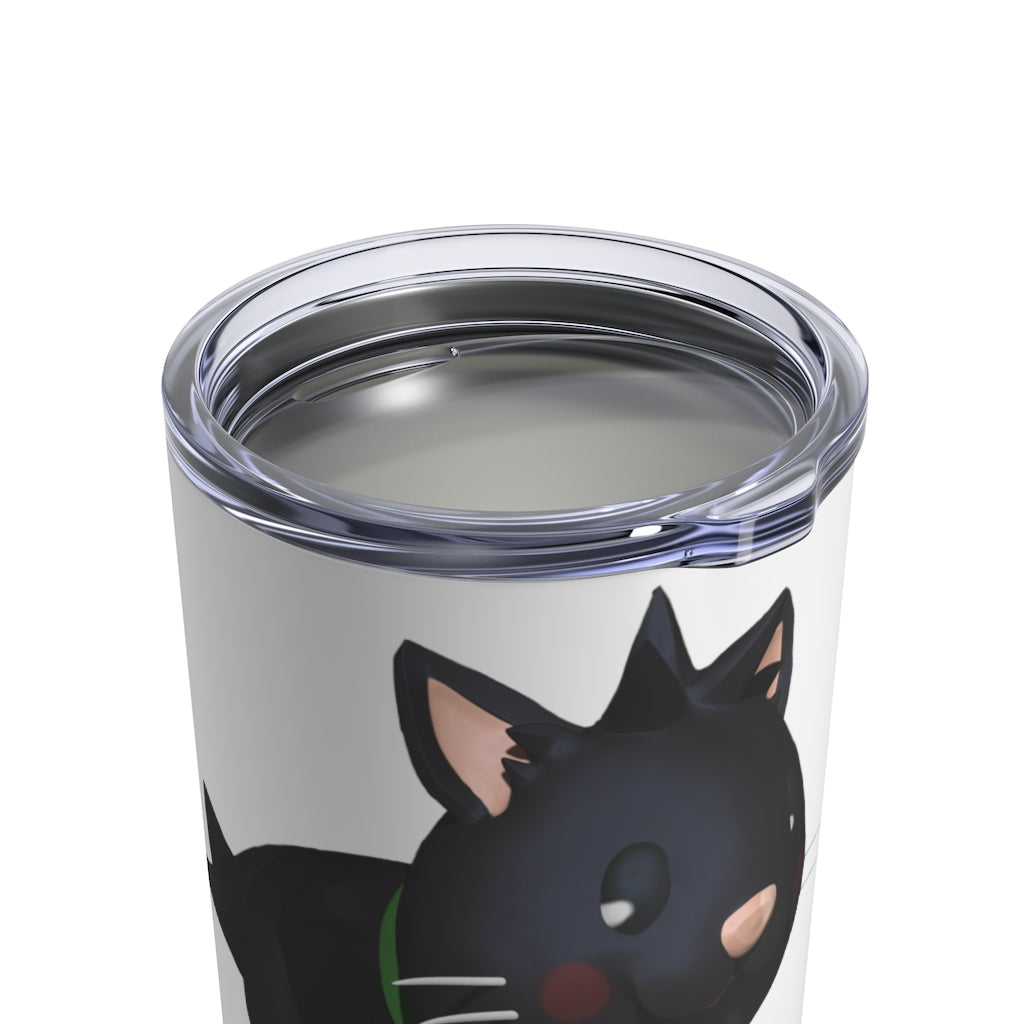 Black Kitty Tumbler 10oz made of stainless steel with a rounded design and a see-thru plastic lid, featuring a playful kitty design.