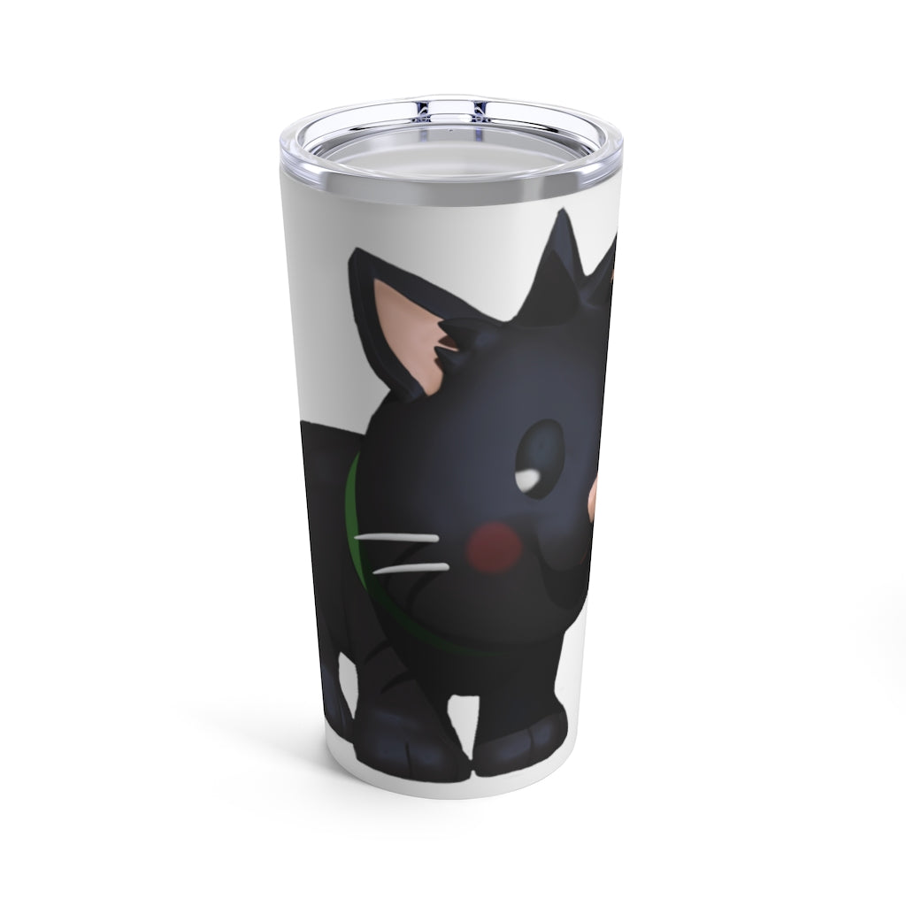 Black Kitty Tumbler 20oz with a stylish cat design, made of stainless steel, featuring a see-thru plastic lid.