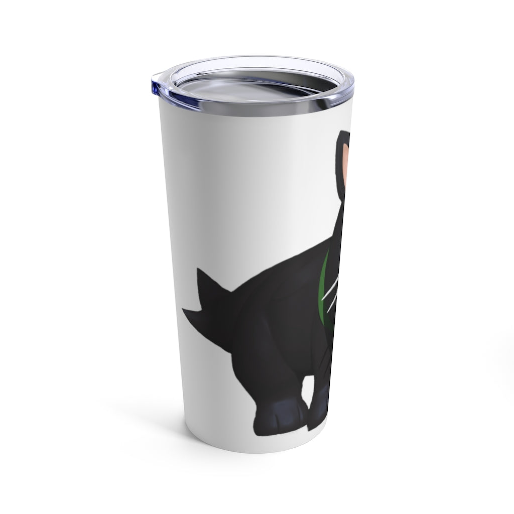 Black Kitty Tumbler 20oz with a stylish cat design, made of stainless steel, featuring a see-thru plastic lid.