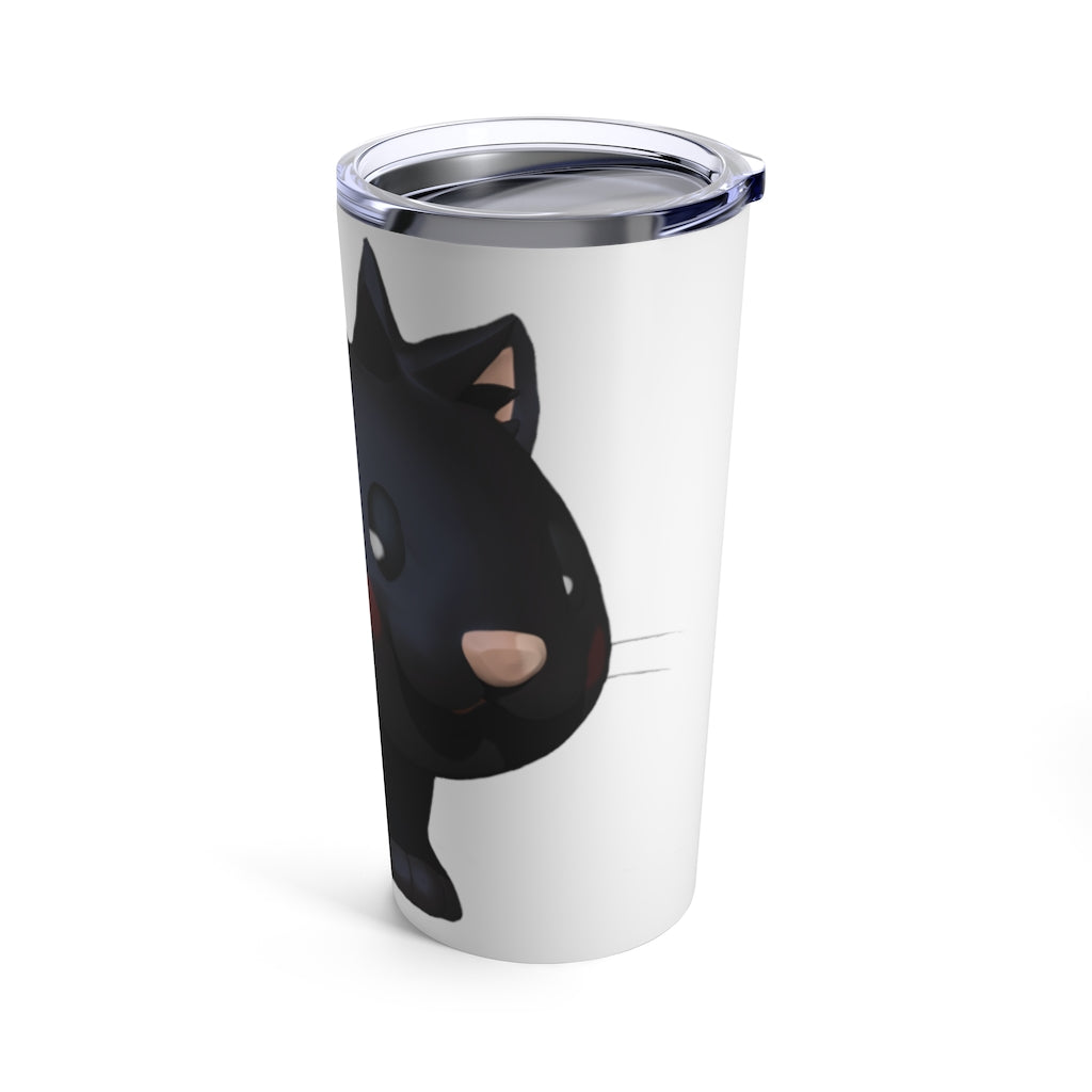 Black Kitty Tumbler 20oz with a stylish cat design, made of stainless steel, featuring a see-thru plastic lid.