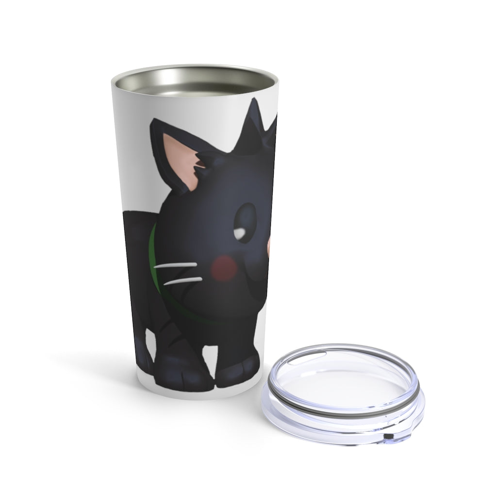 Black Kitty Tumbler 20oz with a stylish cat design, made of stainless steel, featuring a see-thru plastic lid.