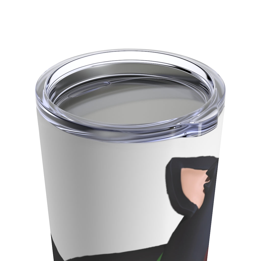 Black Kitty Tumbler 20oz with a stylish cat design, made of stainless steel, featuring a see-thru plastic lid.