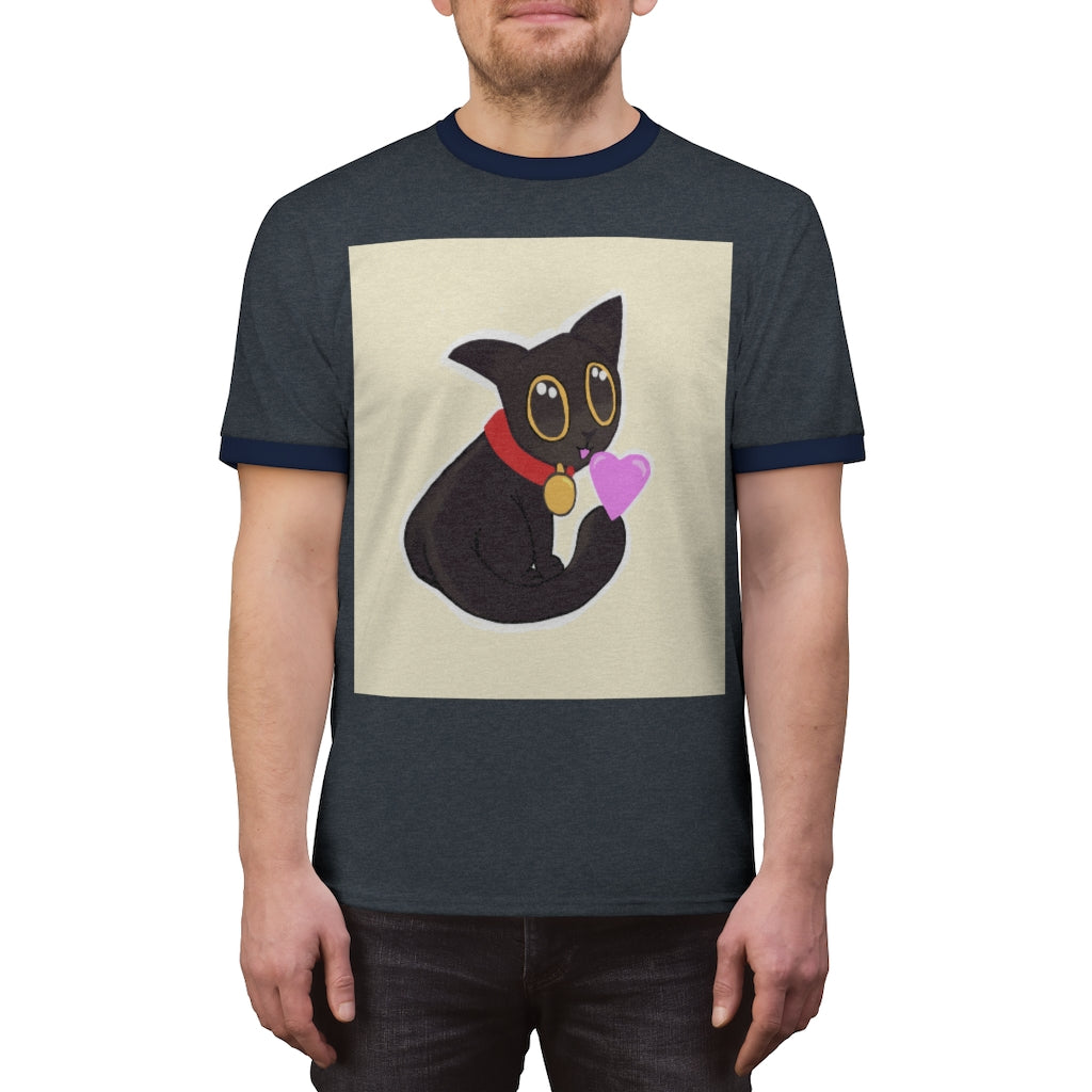 Black Kitty Unisex Ringer Tee showcasing a stylish design with contrasting colors, perfect for summer wear.