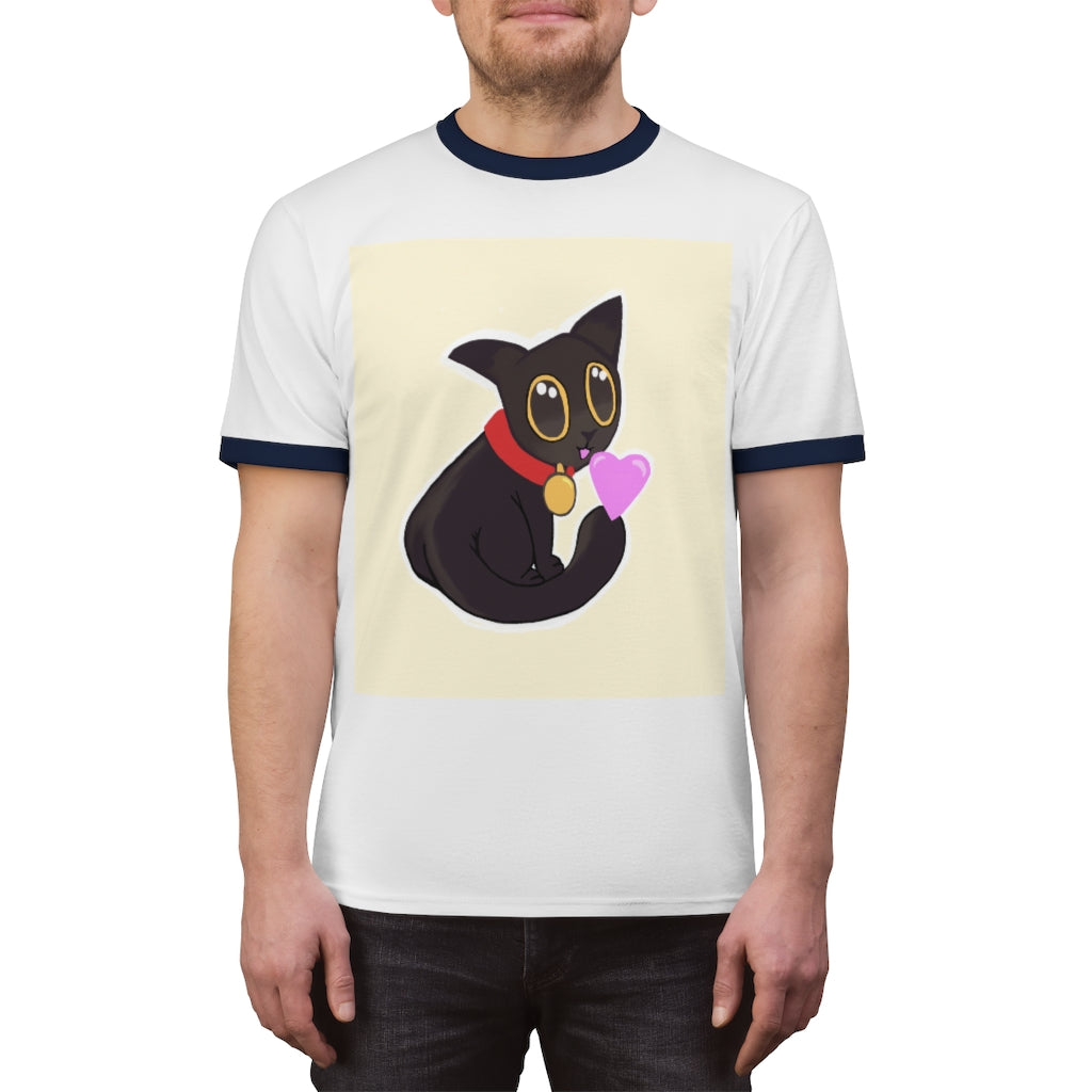 Black Kitty Unisex Ringer Tee showcasing a stylish design with contrasting colors, perfect for summer wear.