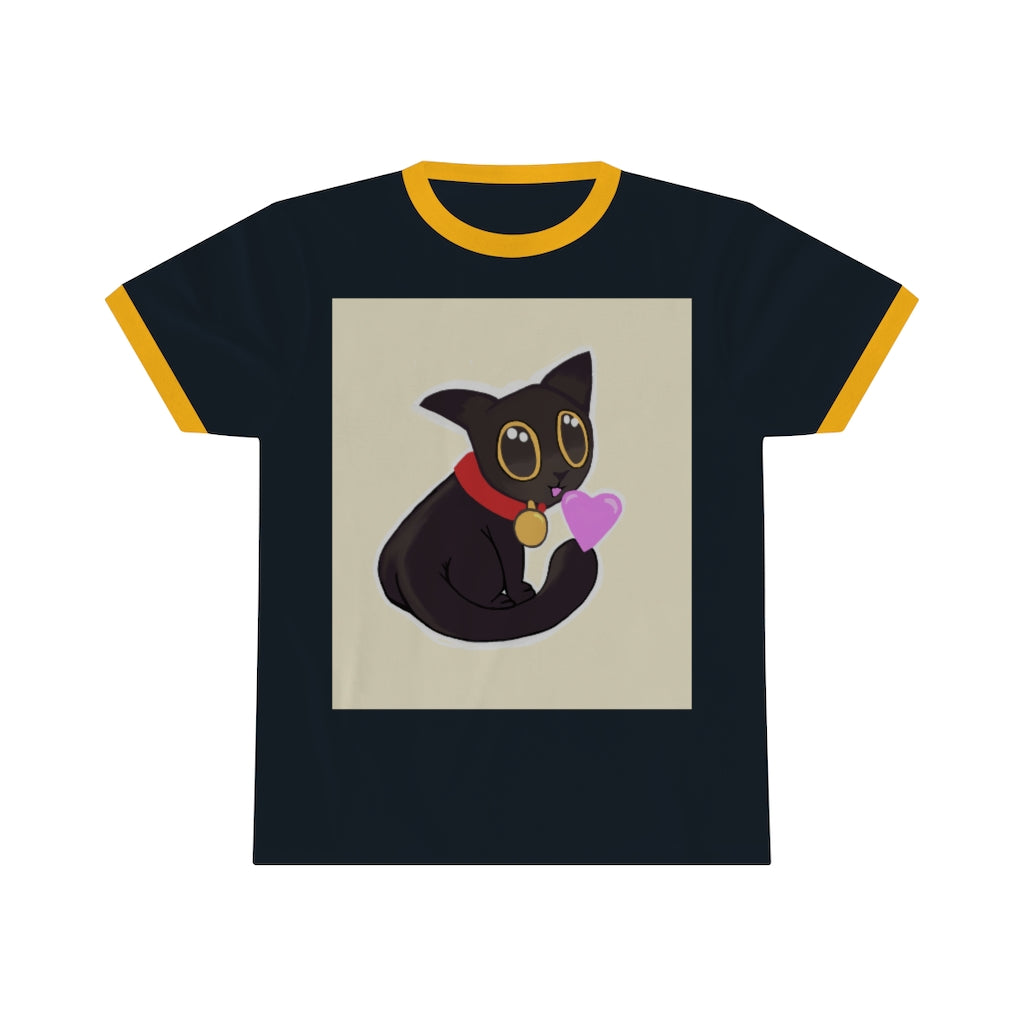 Black Kitty Unisex Ringer Tee showcasing a stylish design with contrasting colors, perfect for summer wear.