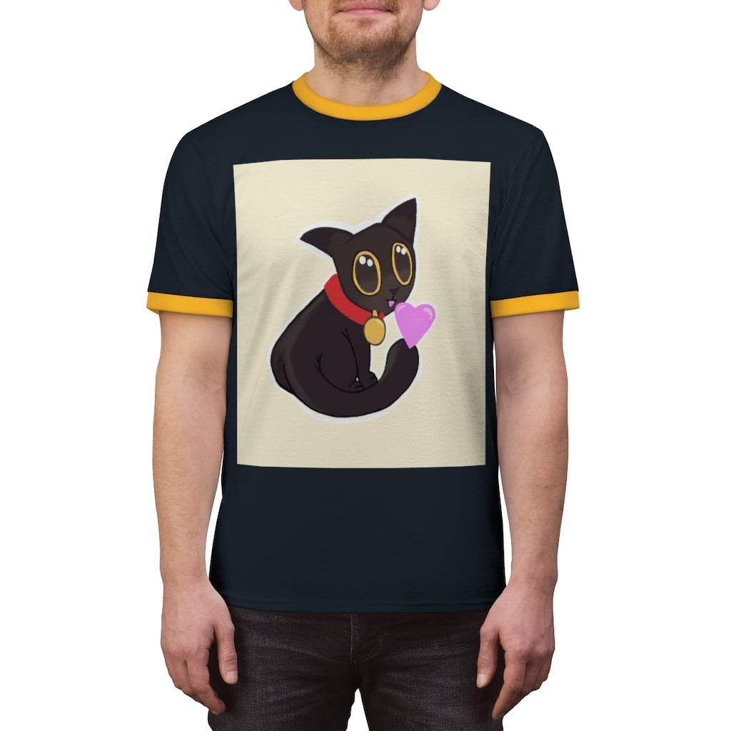 Black Kitty Unisex Ringer Tee showcasing a stylish design with contrasting colors, perfect for summer wear.