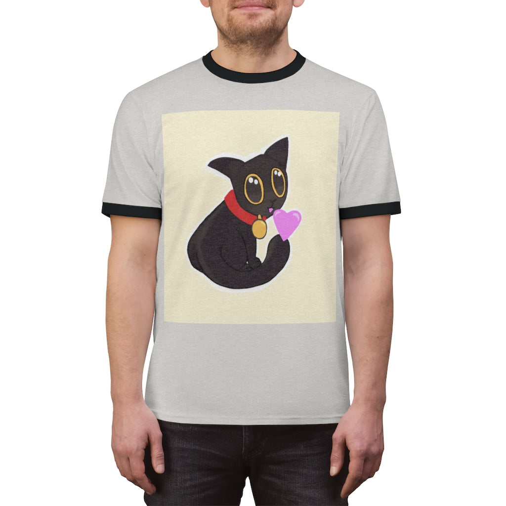 Black Kitty Unisex Ringer Tee showcasing a stylish design with contrasting colors, perfect for summer wear.