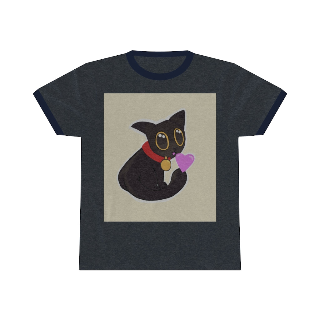 Black Kitty Unisex Ringer Tee showcasing a stylish design with contrasting colors, perfect for summer wear.