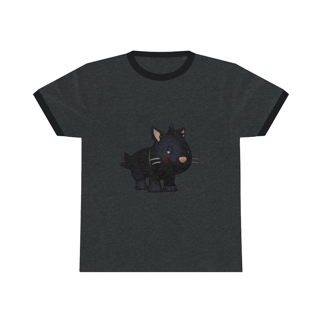 Black Kitty Unisex Ringer Tee featuring a stylish design with contrasting neckline, available in various colors.