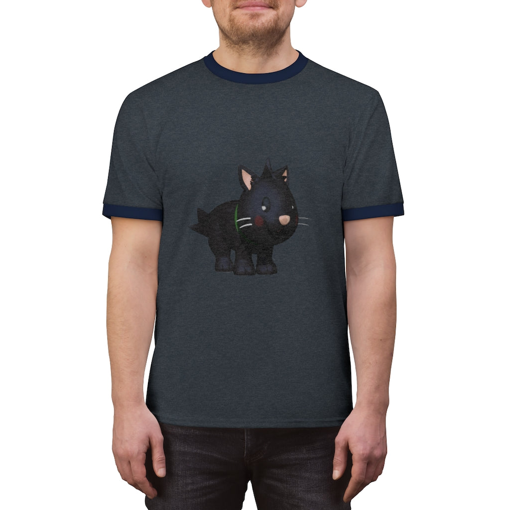 Black Kitty Unisex Ringer Tee featuring a stylish design with contrasting neckline, available in various colors.