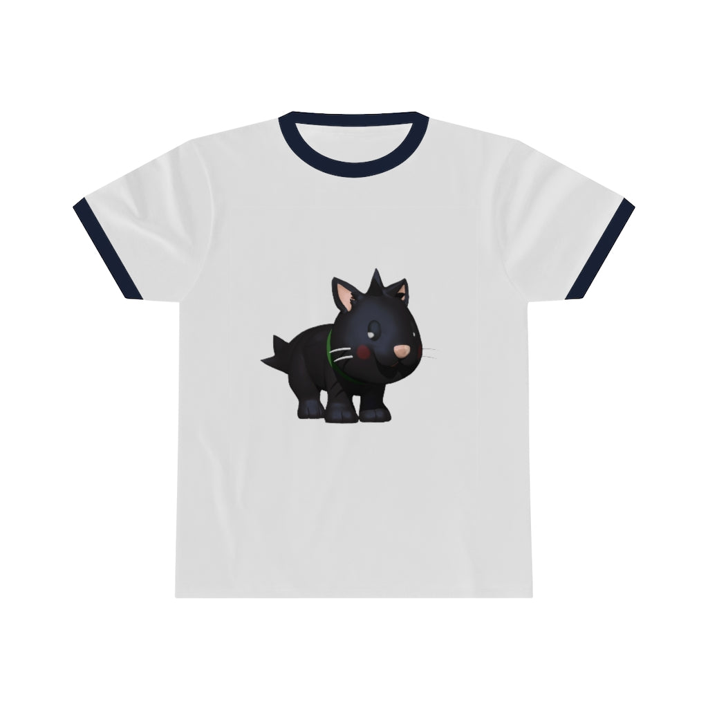 Black Kitty Unisex Ringer Tee featuring a stylish design with contrasting neckline, available in various colors.