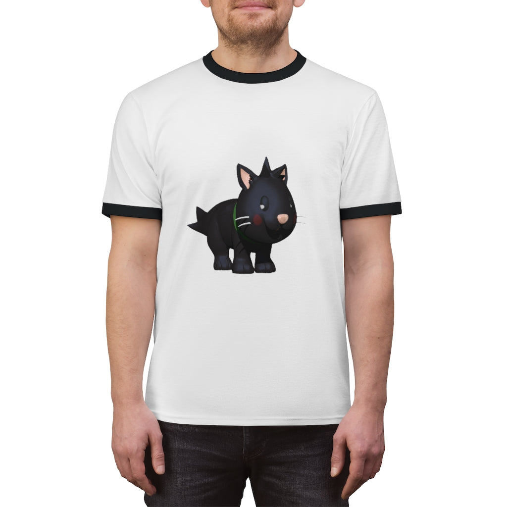 Black Kitty Unisex Ringer Tee featuring a stylish design with contrasting neckline, available in various colors.