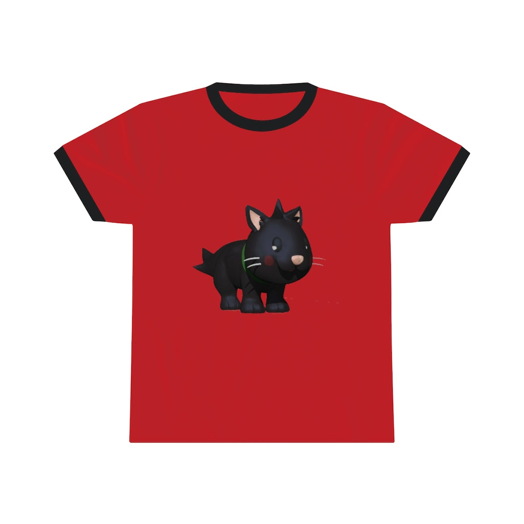 Black Kitty Unisex Ringer Tee featuring a stylish design with contrasting neckline, available in various colors.