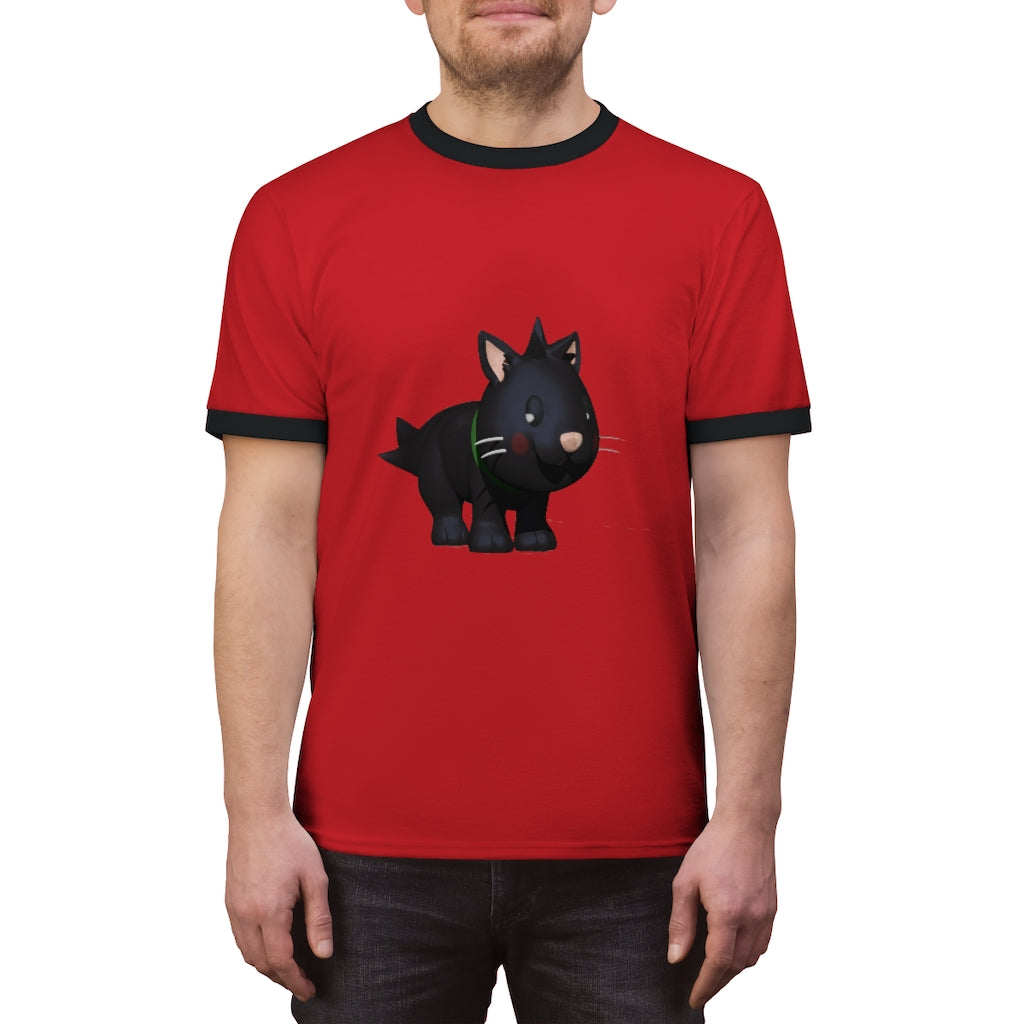 Black Kitty Unisex Ringer Tee featuring a stylish design with contrasting neckline, available in various colors.