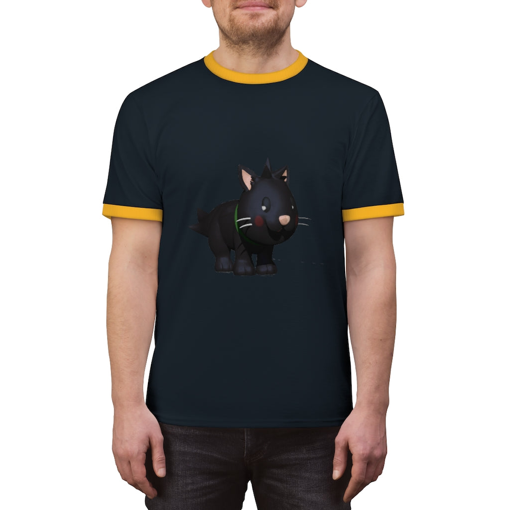 Black Kitty Unisex Ringer Tee featuring a stylish design with contrasting neckline, available in various colors.