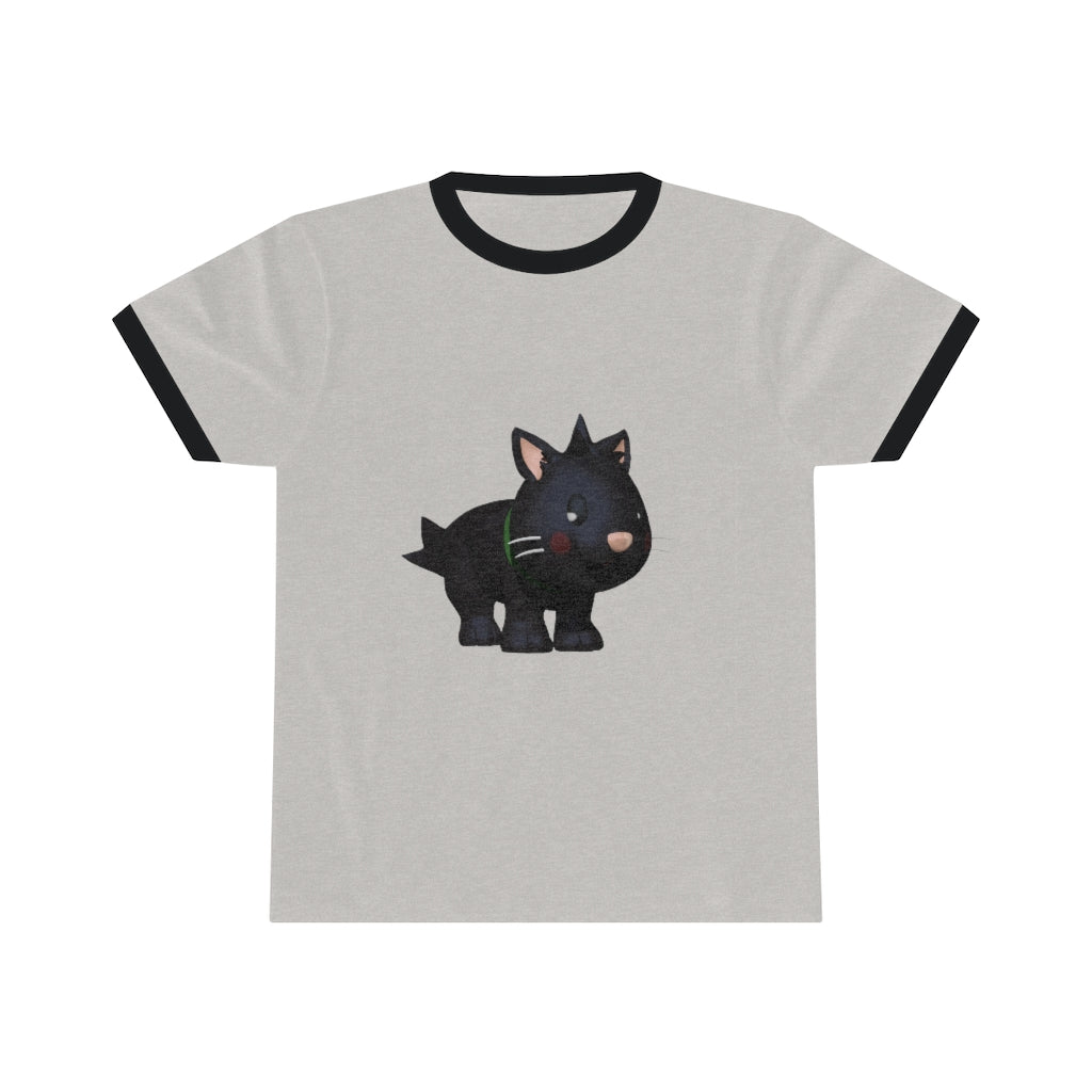 Black Kitty Unisex Ringer Tee featuring a stylish design with contrasting neckline, available in various colors.