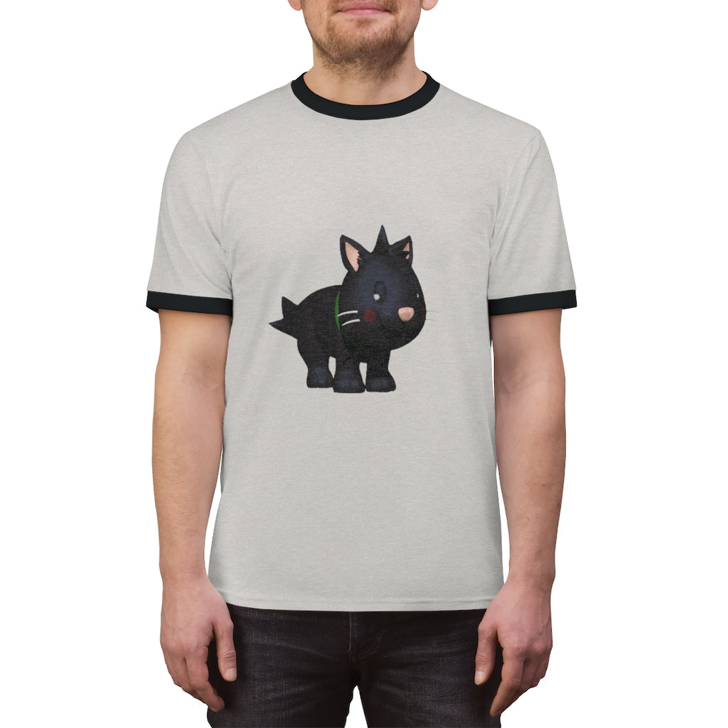 Black Kitty Unisex Ringer Tee featuring a stylish design with contrasting neckline, available in various colors.