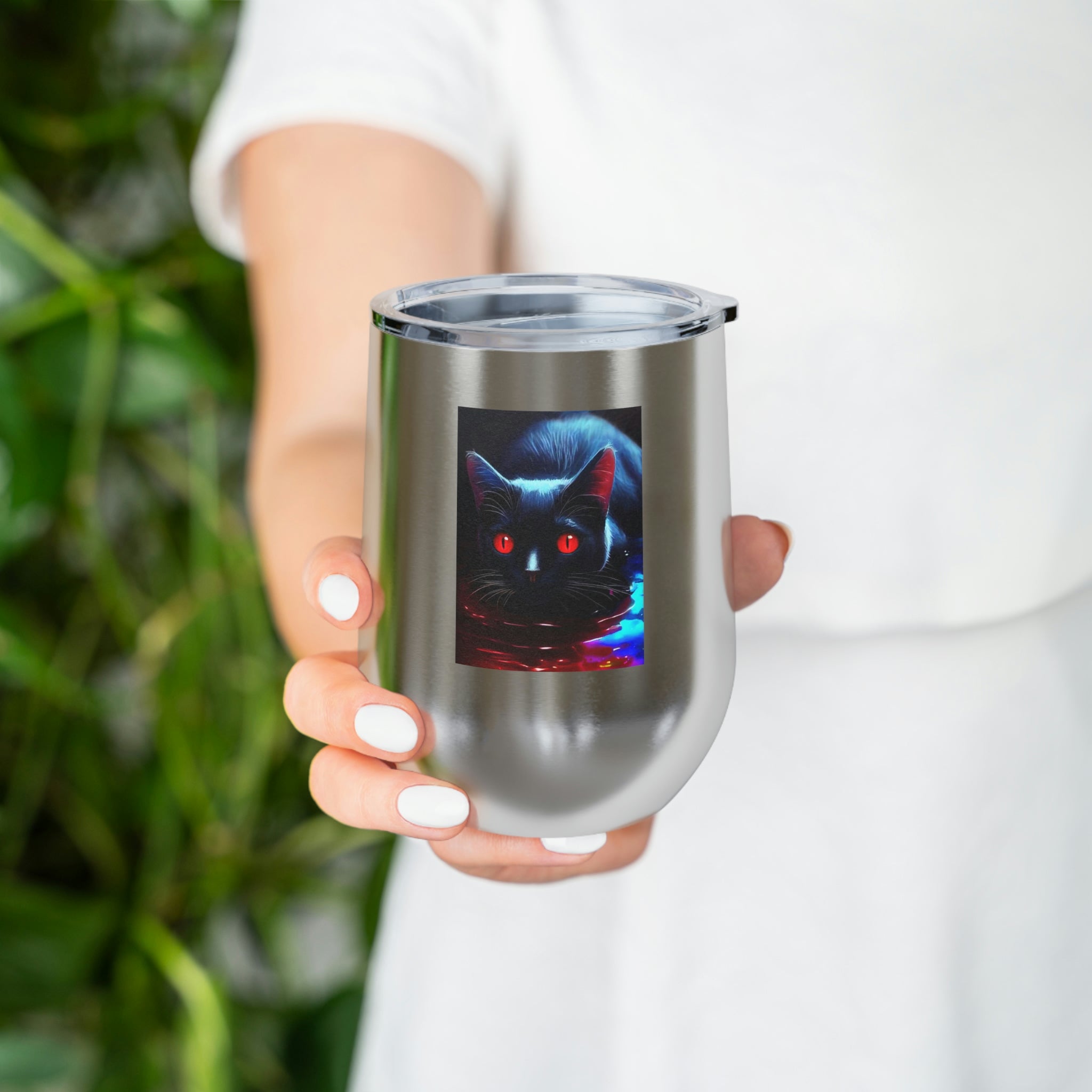 Black Kitty Wine Tumbler with double insulation and clear lid, perfect for hot and cold beverages.