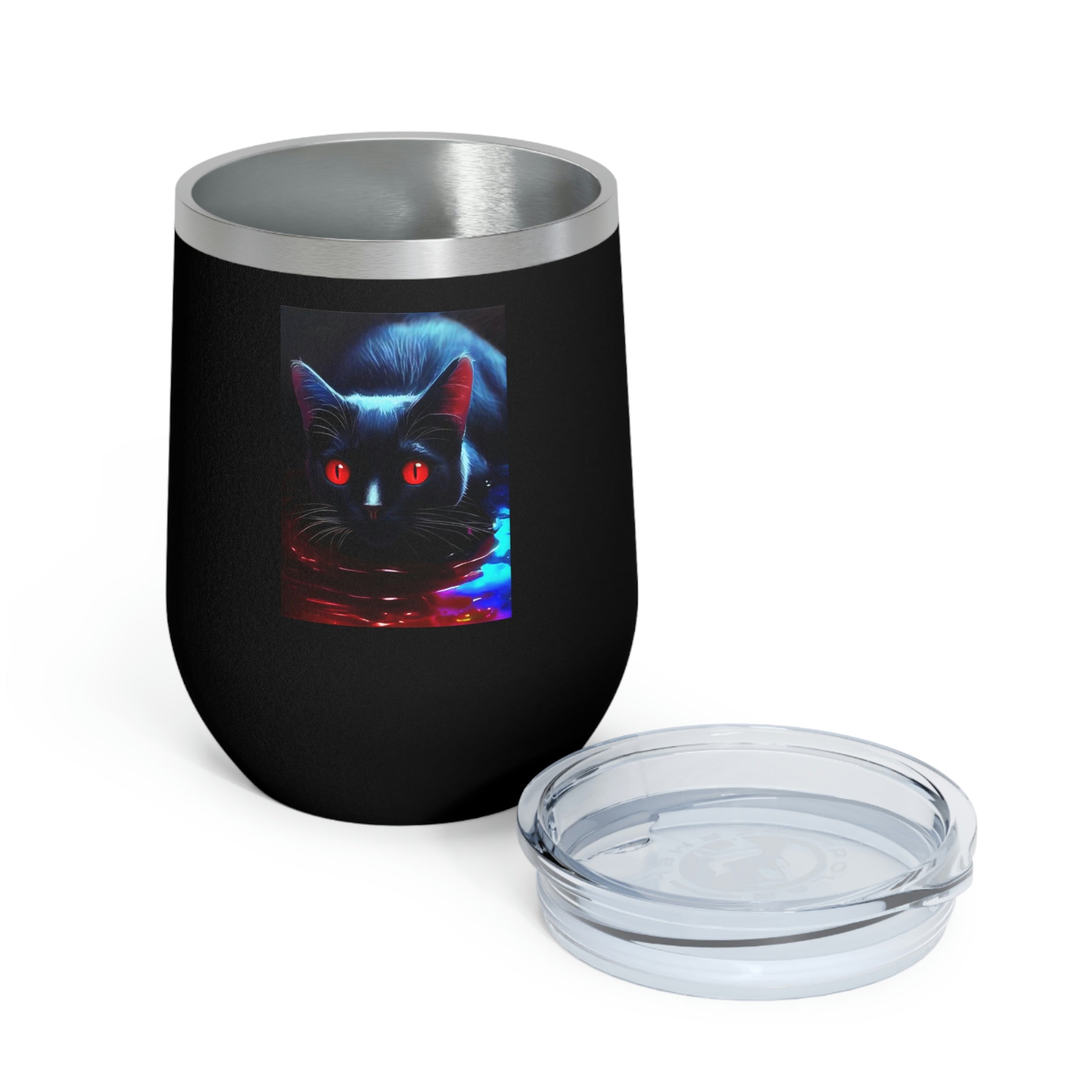 Black Kitty Wine Tumbler with double insulation and clear lid, perfect for hot and cold beverages.