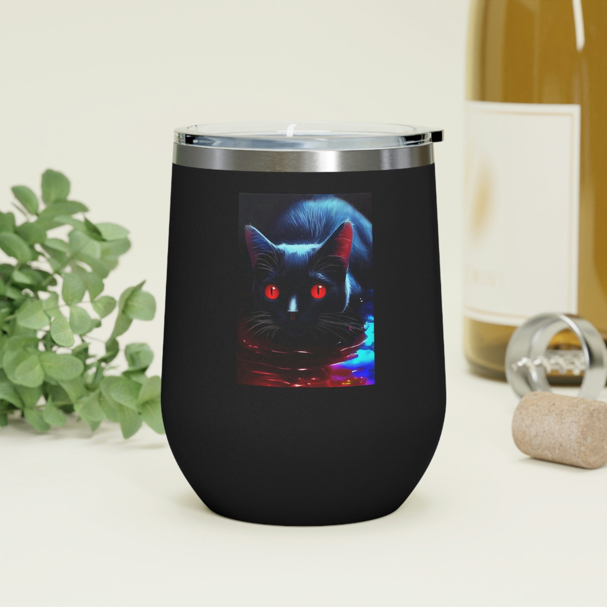 Black Kitty Wine Tumbler with double insulation and clear lid, perfect for hot and cold beverages.