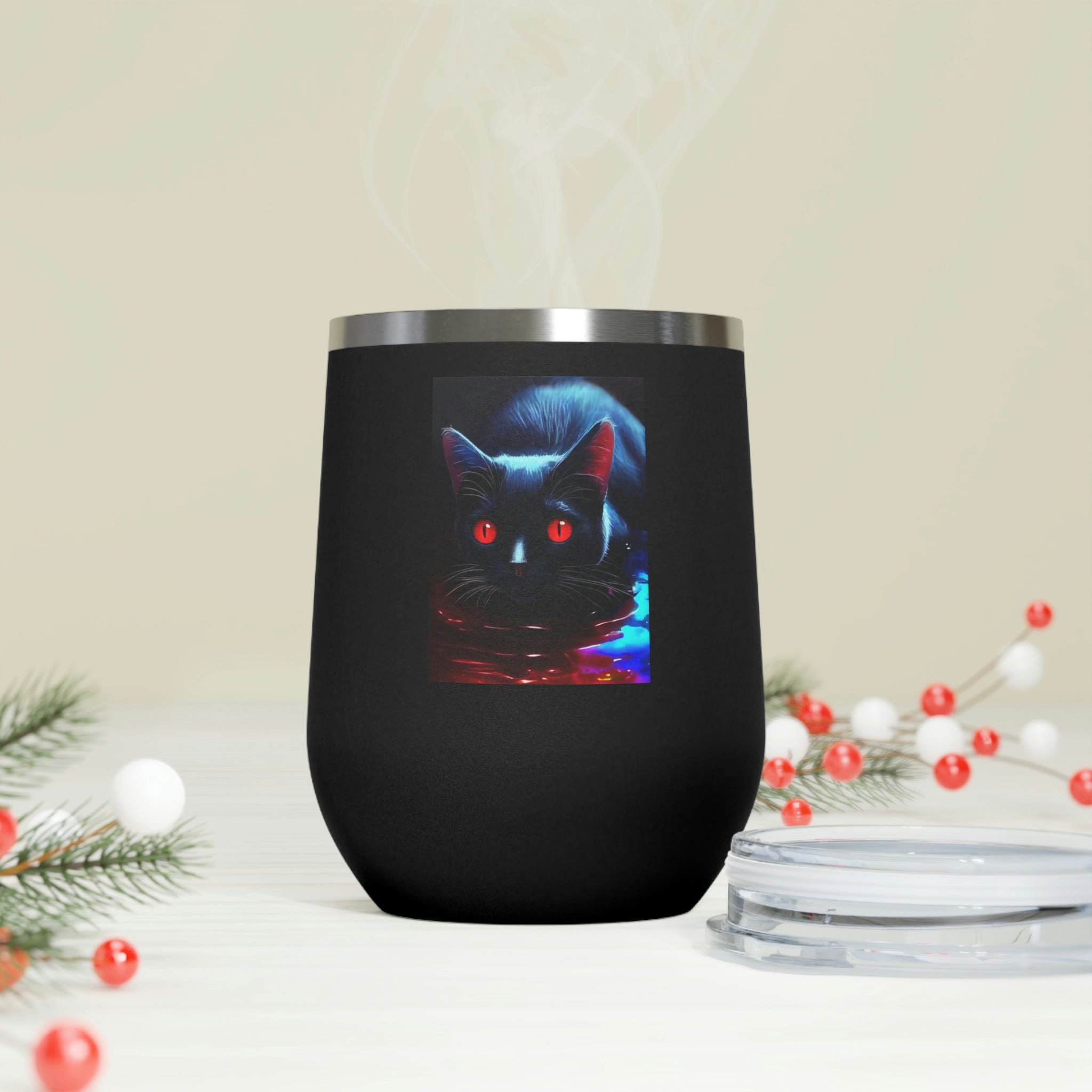 Black Kitty Wine Tumbler with double insulation and clear lid, perfect for hot and cold beverages.