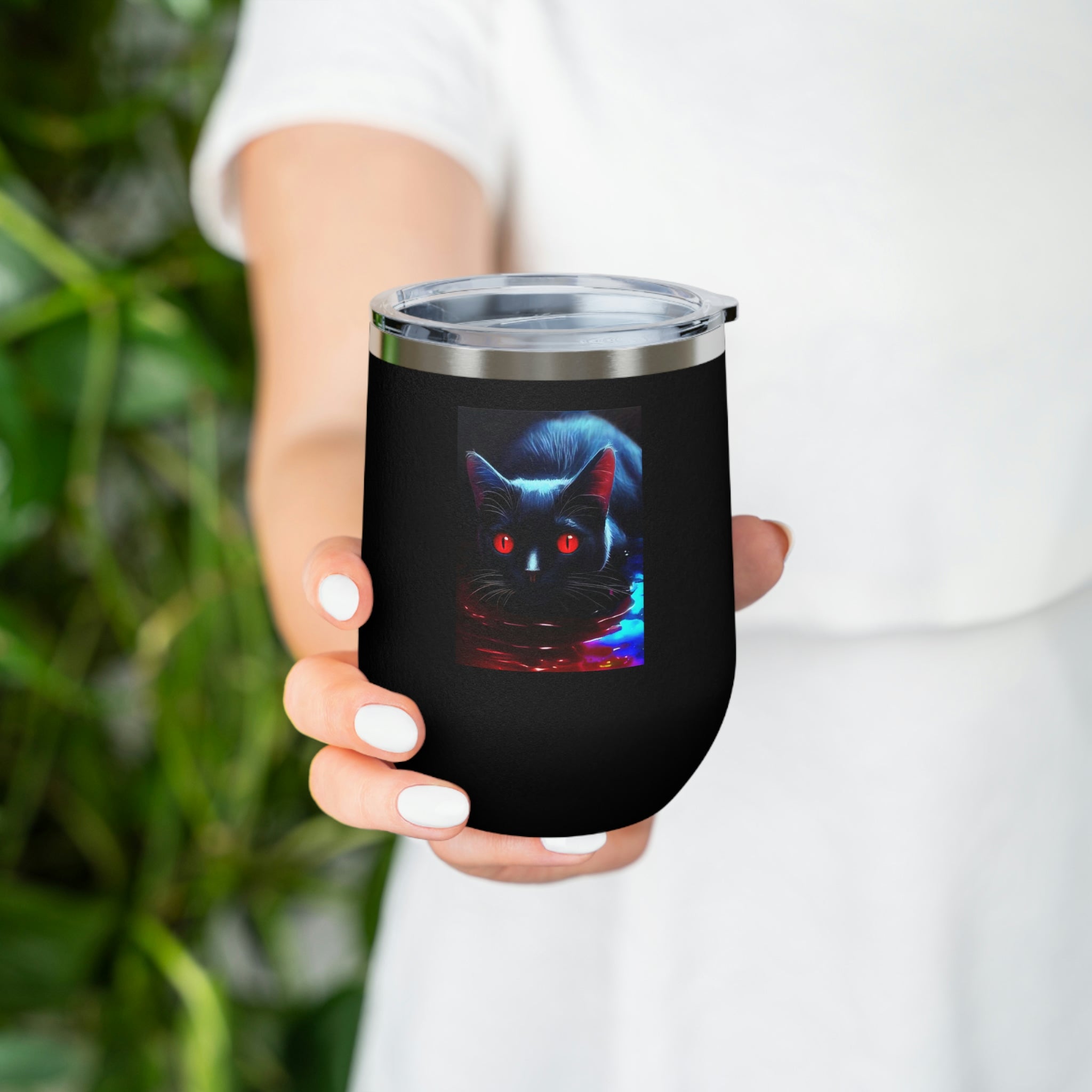 Black Kitty Wine Tumbler with double insulation and clear lid, perfect for hot and cold beverages.