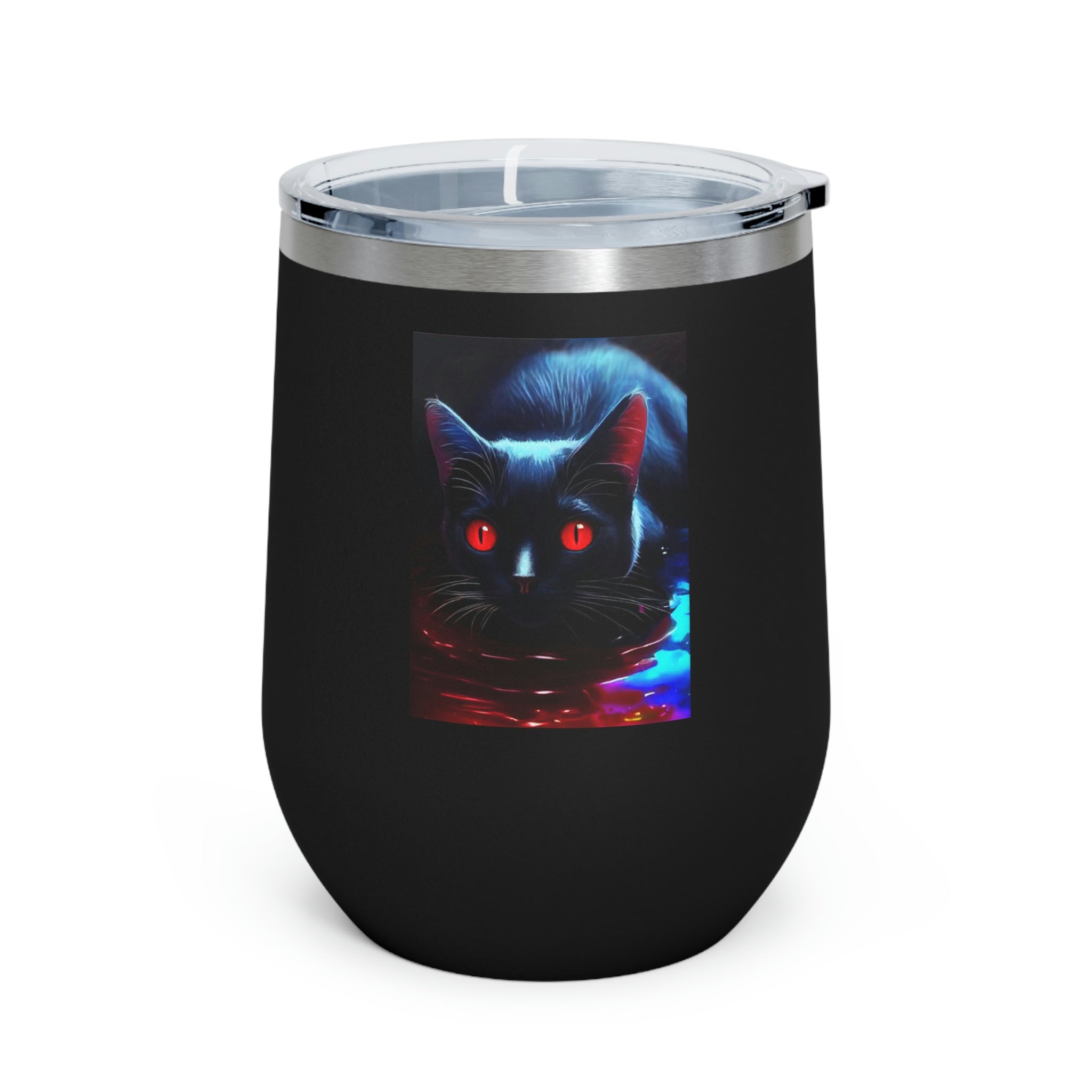 Black Kitty Wine Tumbler with double insulation and clear lid, perfect for hot and cold beverages.