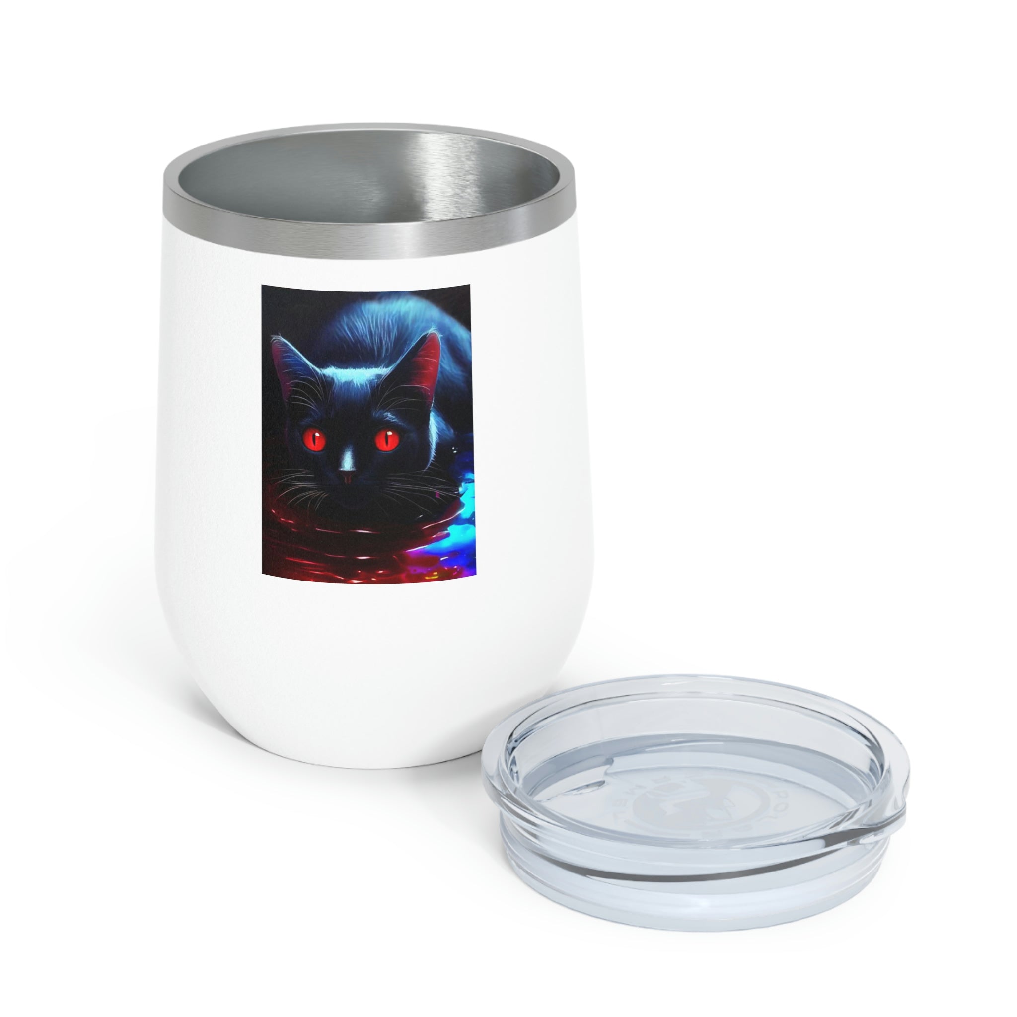 Black Kitty Wine Tumbler with double insulation and clear lid, perfect for hot and cold beverages.