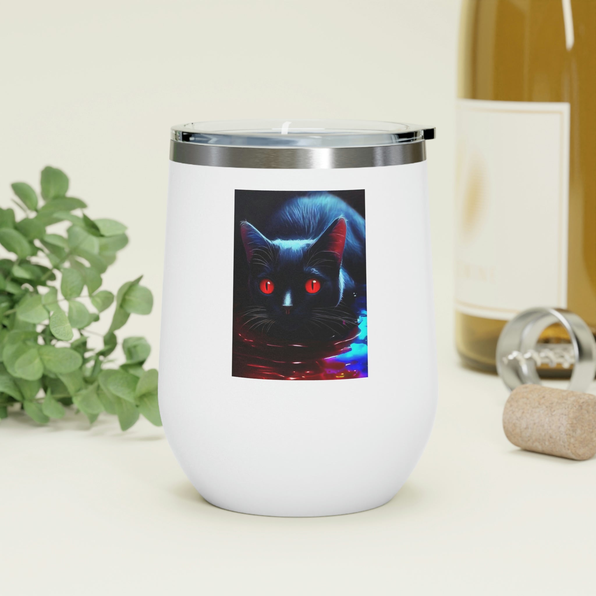 Black Kitty Wine Tumbler with double insulation and clear lid, perfect for hot and cold beverages.