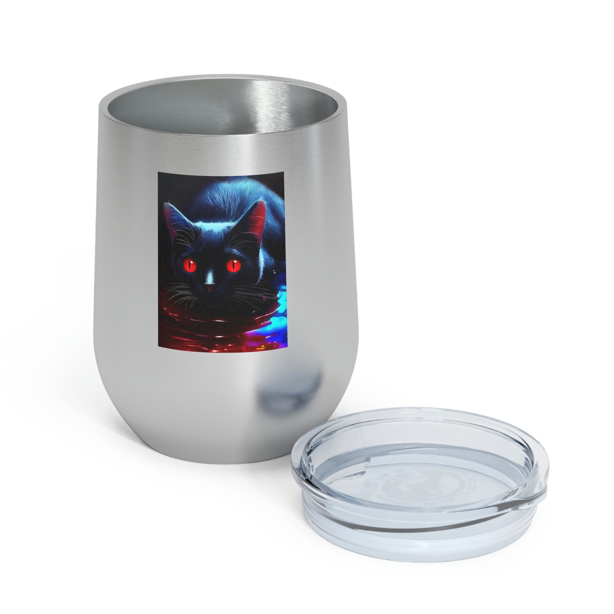 Black Kitty Wine Tumbler with double insulation and clear lid, perfect for hot and cold beverages.