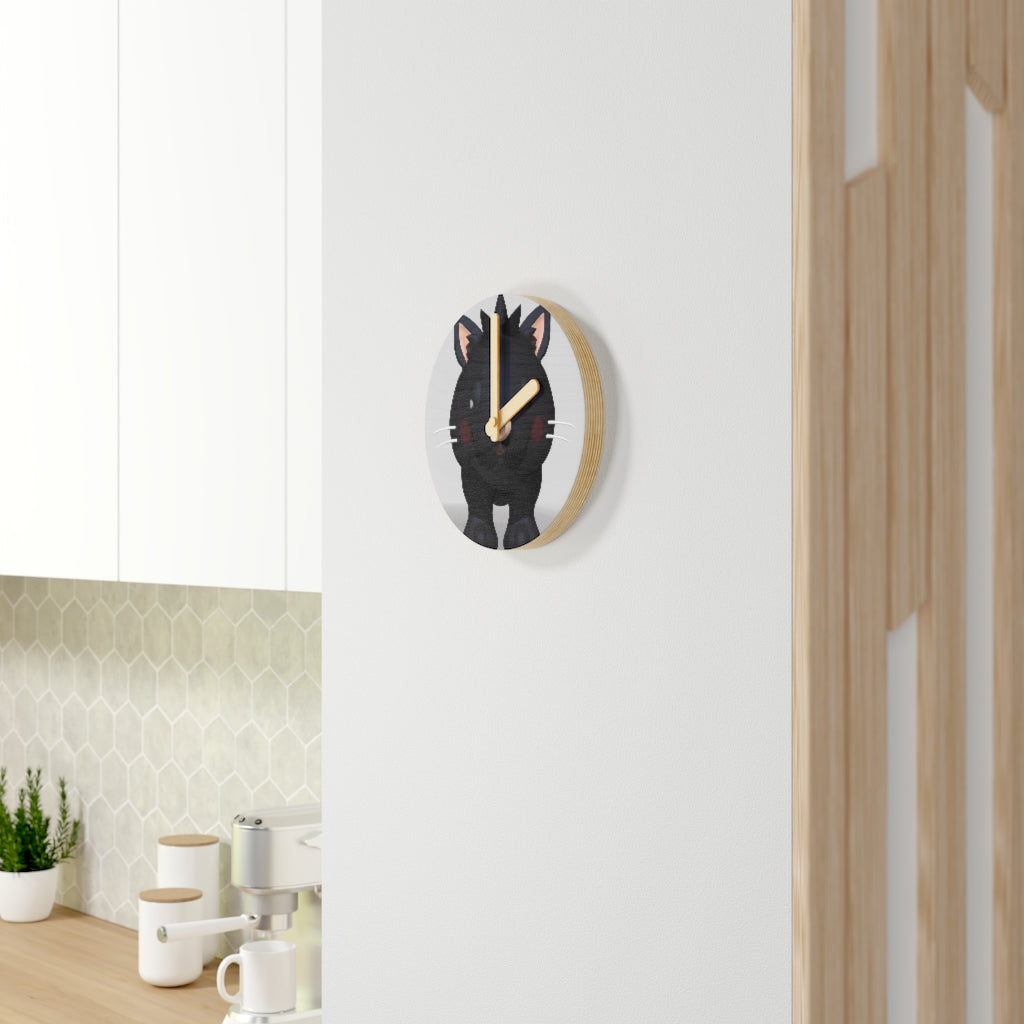 Black Kitty Wooden Wall Clock made from sustainable birch plywood, featuring a playful kitty design.