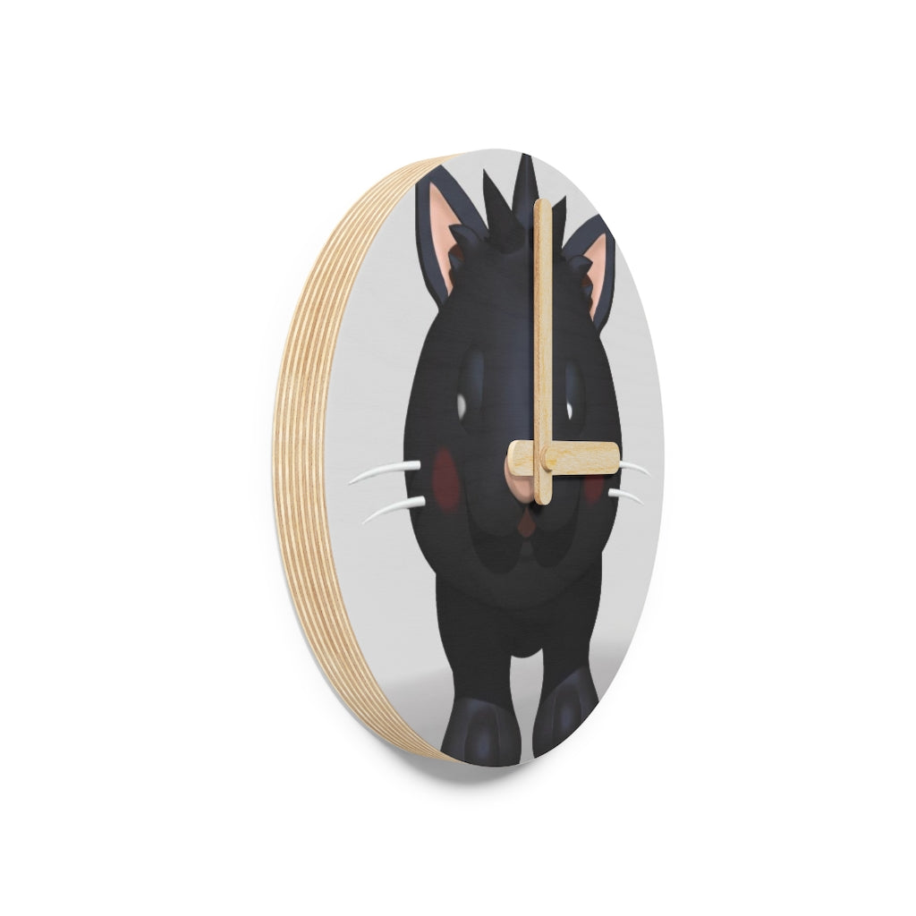 Black Kitty Wooden Wall Clock made from sustainable birch plywood, featuring a playful kitty design.