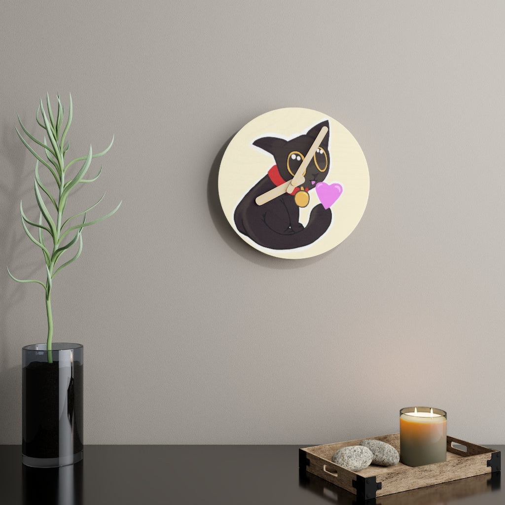 Black Kitty Wooden Wall Clock made from sustainable birch plywood, featuring customizable designs and available in two sizes.