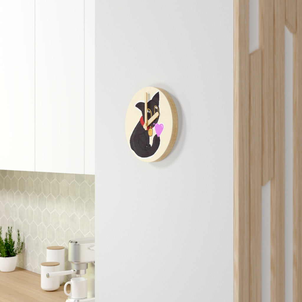 Black Kitty Wooden Wall Clock made from sustainable birch plywood, featuring customizable designs and available in two sizes.