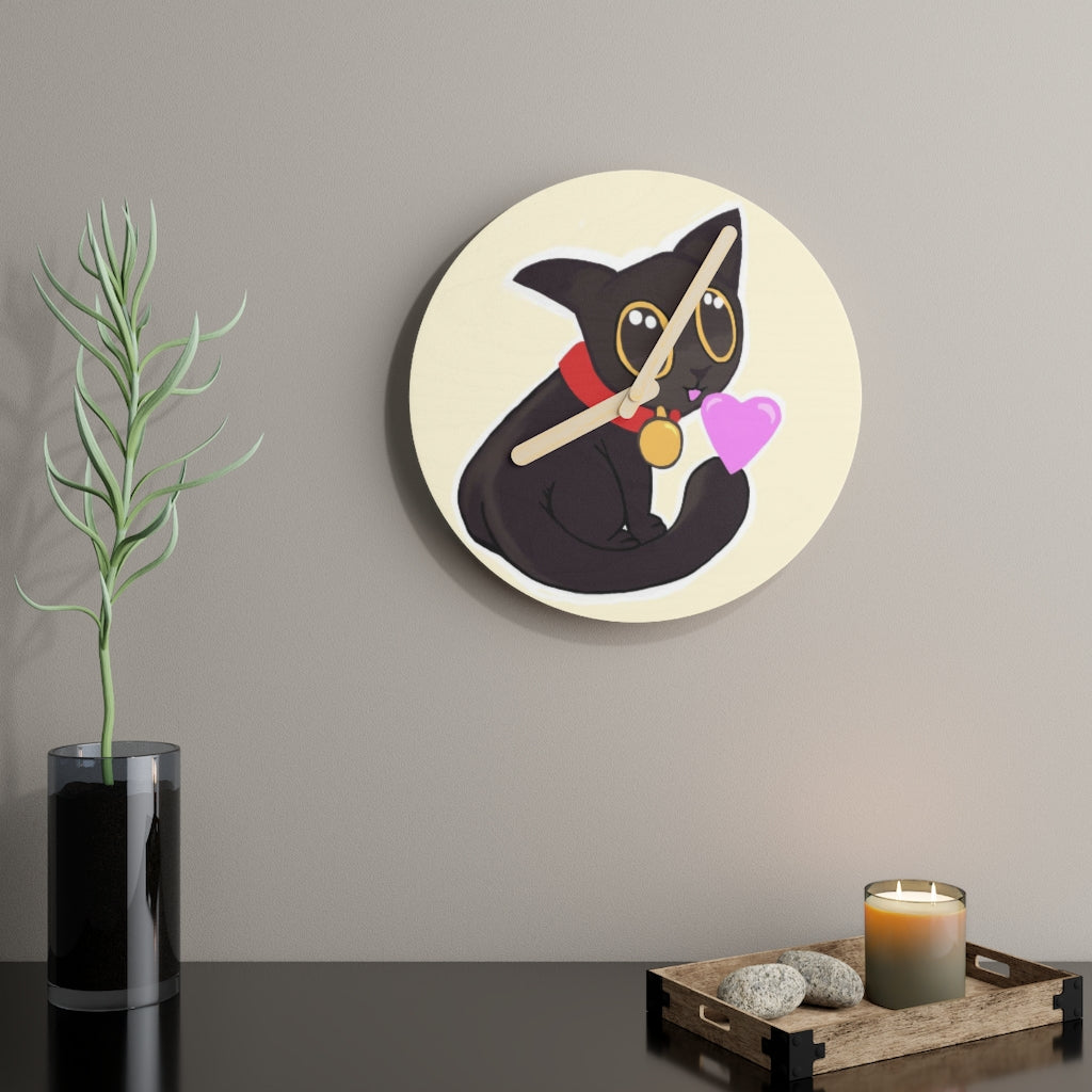 Black Kitty Wooden Wall Clock made from sustainable birch plywood, featuring customizable designs and available in two sizes.