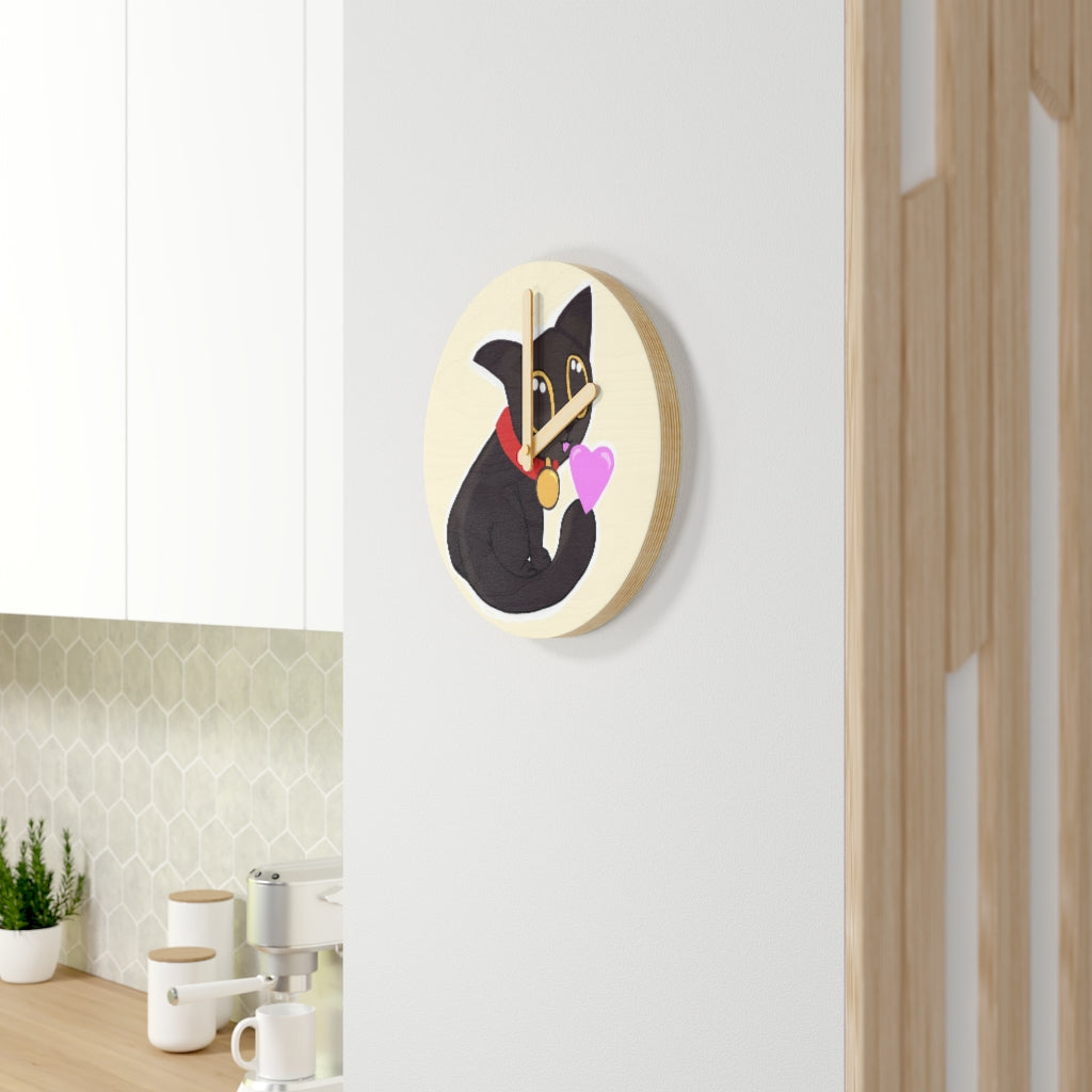 Black Kitty Wooden Wall Clock made from sustainable birch plywood, featuring customizable designs and available in two sizes.