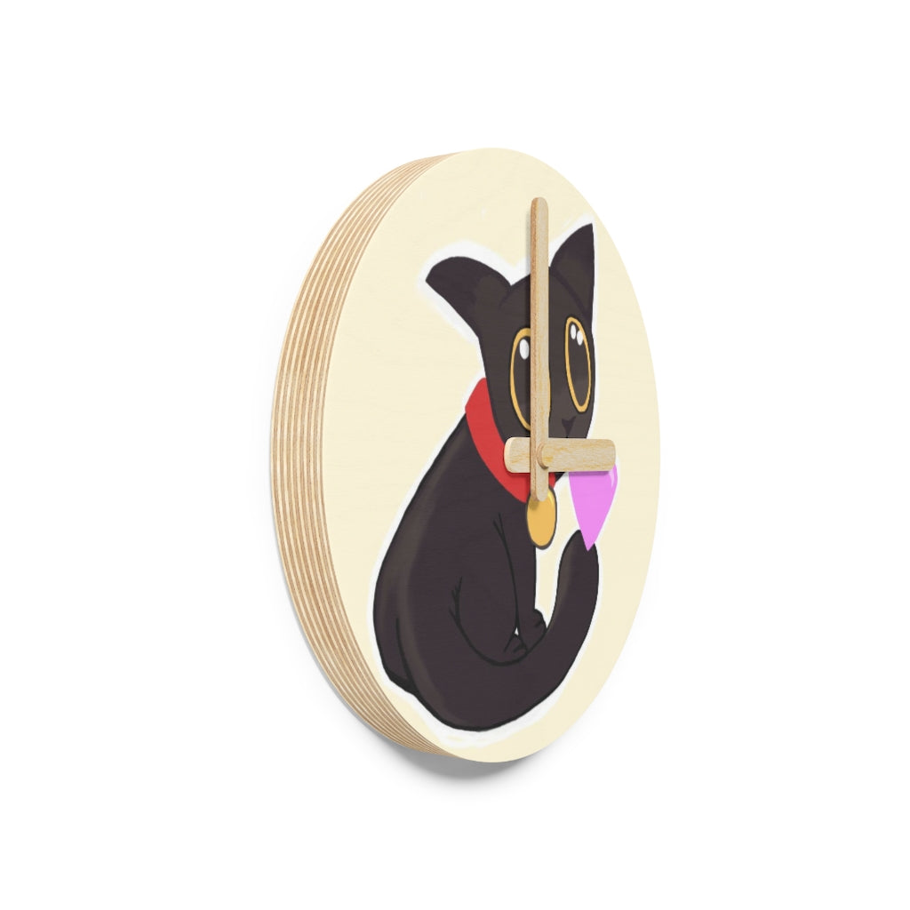 Black Kitty Wooden Wall Clock made from sustainable birch plywood, featuring customizable designs and available in two sizes.